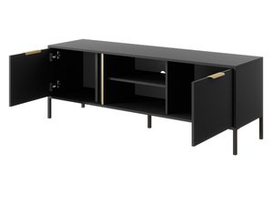 Miniaturka 4 - Czarna szafka RTV z otwartymi półkami i złotymi uchwytami, styl nowoczesny
