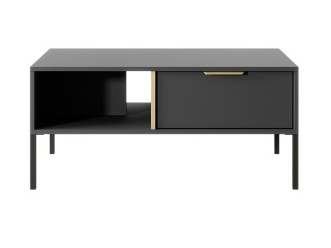 Czarna szafka RTV z metalowymi nogami i złotymi uchwytami, styl nowoczesny
