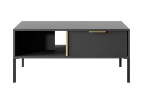 Czarna szafka RTV z metalowymi nogami i złotymi uchwytami, styl nowoczesny