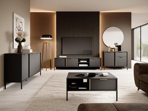 Miniaturka 7 - Aranżacja salonu z czarnymi meblami i minimalistycznym wystrojem