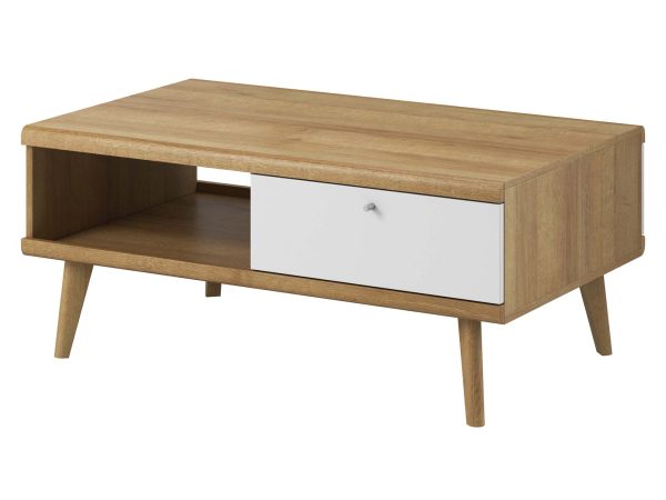 Stolik kawowy z szufladą i półką, dąb z białym frontem