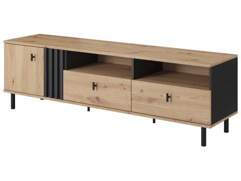 Drewniana szafka RTV z pionowymi listwami i metalowymi nogami, nowoczesny design