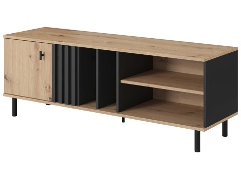 Drewniana szafka RTV z pionowymi listwami i metalowymi nogami, nowoczesny design