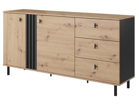 Drewniana komoda z pionowymi listwami i metalowymi nogami, nowoczesny design