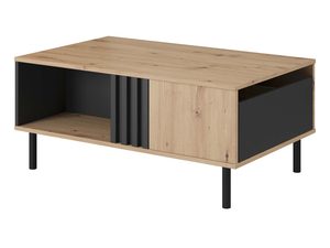 Miniaturka 1 - Drewniany stolik kawowy z otwartymi półkami i czarnymi akcentami, styl industrialny