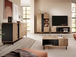 Miniaturka 3 - Aranżacja nowoczesnego salonu z drewnianymi meblami i industrialnym wystrojem