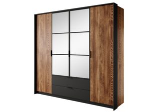 Miniaturka 5 - Przesuwna szafa z lustrem, drewnianymi frontami i czarnymi detalami do industrialnej sypialni