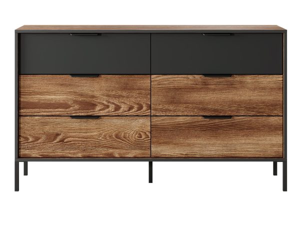Drewniana komoda z czarnymi frontami i metalowymi nogami, styl industrialny