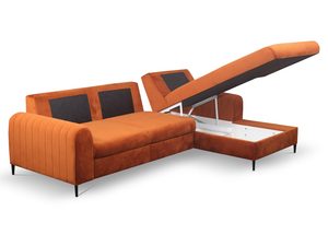 Miniaturka 20 - Pomarańczowy narożnik welurowy z pojemnikiem na pościel i funkcją spania