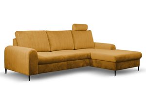 Miniaturka 2 - Musztardowy narożnik welurowy do salonu z funkcją spania i pojemnikiem