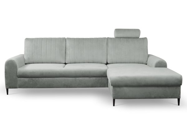 Szary narożnik welurowy z funkcją spania i metalowymi nóżkami