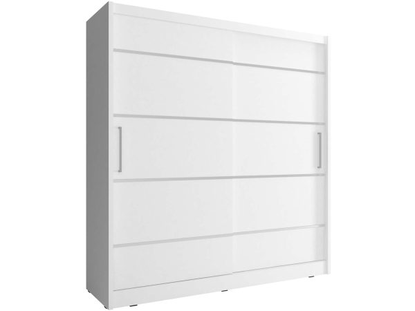 Biała szafa z przesuwnymi drzwiami i prostym designem