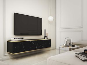 Miniaturka 9 - Czarna szafka RTV z marmurowym dekorem i złotym wykończeniem w eleganckim salonie