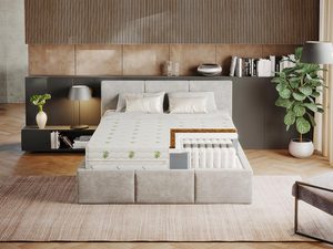 Miniaturka 1 - Nowoczesne łóżko kontynentalne z materacem kieszeniowym w jasnej sypialni