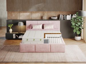 Miniaturka 2 - Łóżko tapicerowane w sypialni z różowym zagłówkiem i materacem