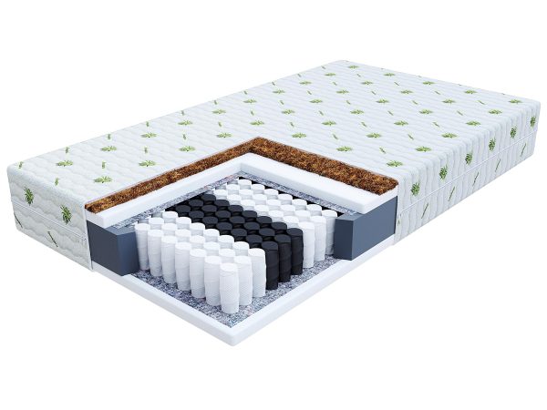 Przekrój materaca z kokosem, pianką i sprężynami kieszeniowymi