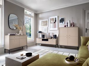 Miniaturka 4 - Salon z beżowymi meblami i minimalistyczną szafką RTV