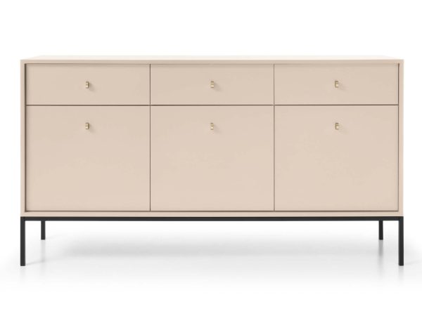 Komoda beżowa z cienką ramą i złotym detalem