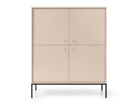Komoda beżowa ze złotymi uchwytami oraz czarnymi nóżkami