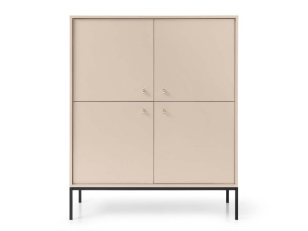 Komoda beżowa ze złotymi uchwytami oraz czarnymi nóżkami