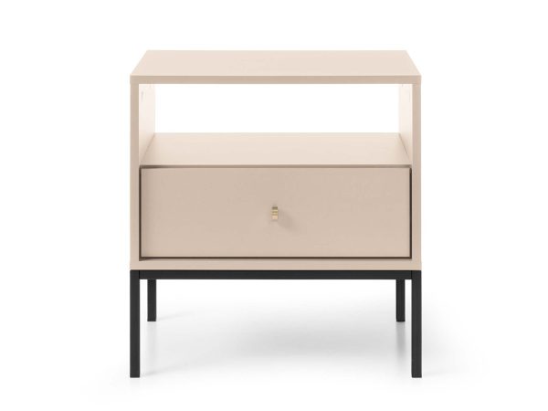 Beżowa szafka nocna z jedną szufladą i czarną ramą w stylu loft