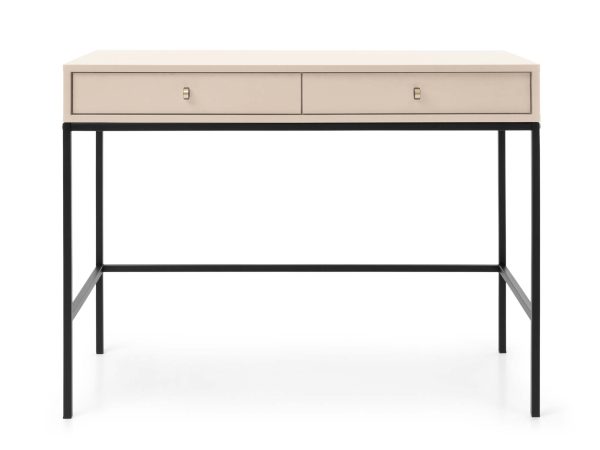 Minimalistyczna toaletka z beżowym blatem i czarną konstrukcją