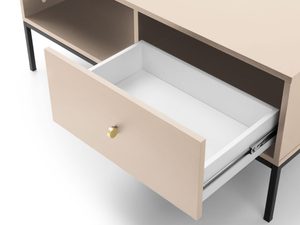 Miniaturka 14 - Zbliżenie na beżową szufladę z metalowym prowadzeniem i złotym uchwytem