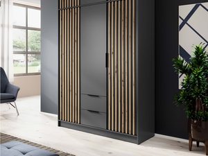 Miniaturka 4 - Szafka RTV z czarnymi panelami i drewnianymi listwami, styl loftowy