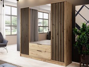 Miniaturka 3 - Szafa z drewnianymi panelami i lustrzanymi drzwiami, styl industrialny