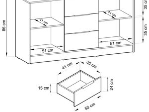 Miniaturka 9 - Rysunek techniczny komody z szufladami i otwartymi półkami