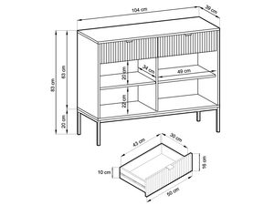 Miniaturka 19 - Rysunek techniczny komody z oznaczeniem wymiarów i półek