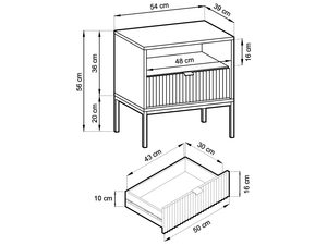 Miniaturka 16 - Rysunek techniczny szafki nocnej z wymiarami i układem szuflad