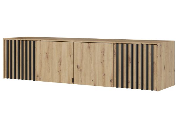 Nowoczesna szafka RTV z drewnianymi panelami w stylu skandynawskim