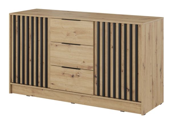 Nowoczesna komoda z drewnianymi panelami i czarnymi frontami, styl loftowy