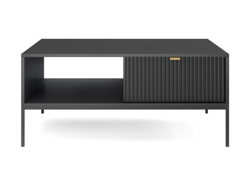 Czarna szafka RTV z ozdobnym frezowaniem i szufladą na metalowych nogach