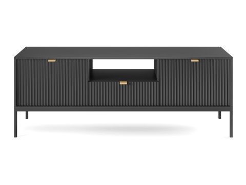 Czarna szafka RTV z pionowym frezowaniem i prostą metalową podstawą