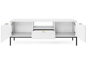 Miniaturka 11 - Szafka RTV z ryflowanym frontem i otwartą półką w białej kolorystyce