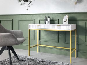 Miniaturka 17 - Toaletka glamour z białym korpusem i złotą podstawą w aranżacji retro