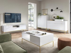 Miniaturka 18 - Aranżacja salonu z białą szafką RTV i stolikiem kawowym glamour