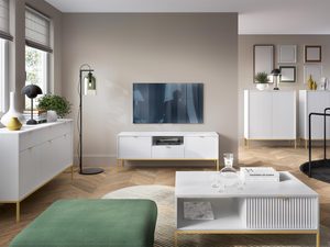 Miniaturka 20 - Stylowy salon z minimalistyczną szafką RTV z ryflowanym frontem