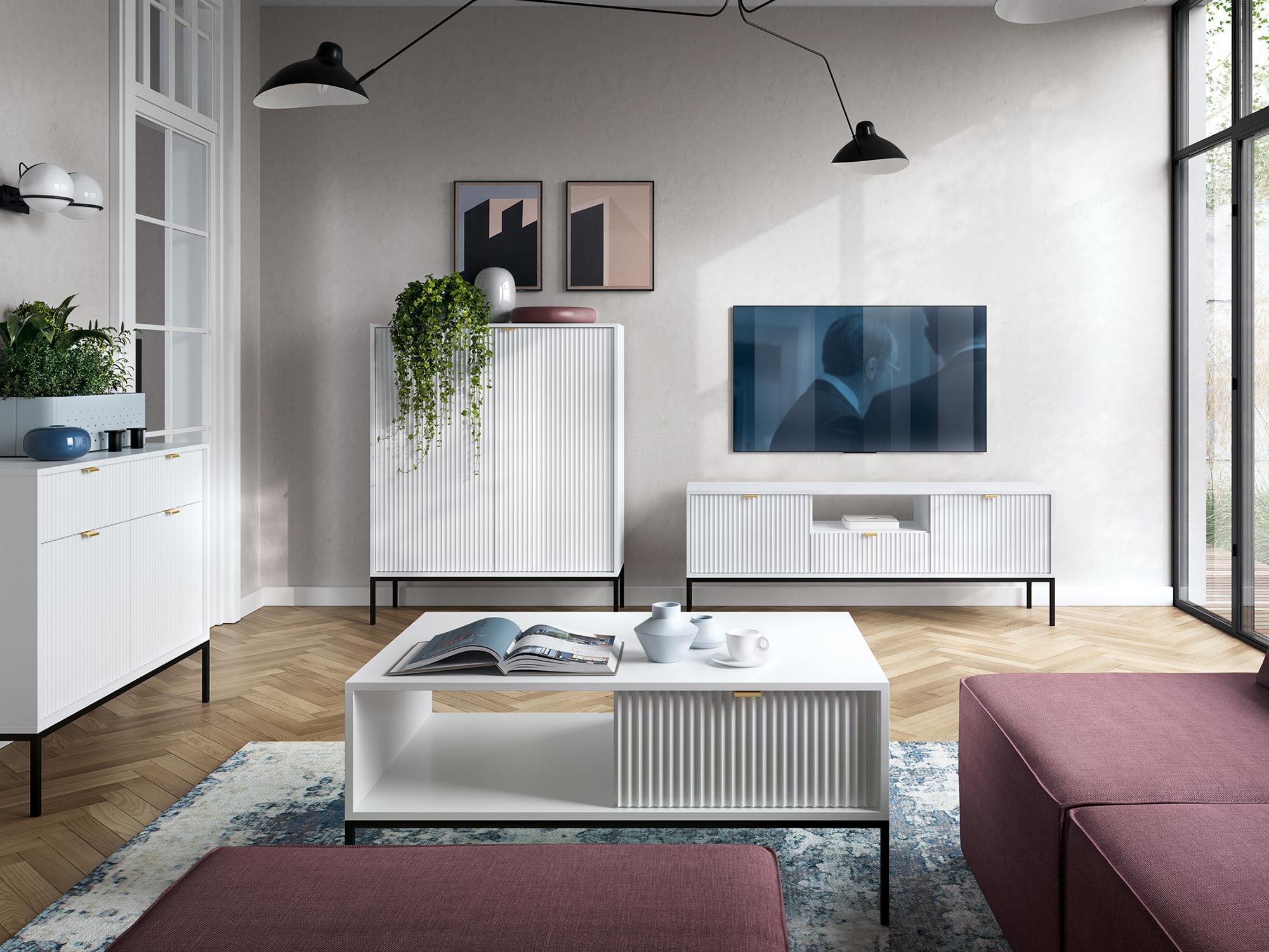 Salon z nowoczesną białą szafką RTV i dekoracyjnym stolikiem