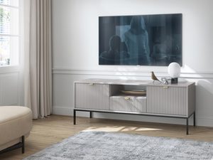 Miniaturka 7 - Nowoczesna beżowa szafka RTV z ryflowanym frontem i cienkimi nogami