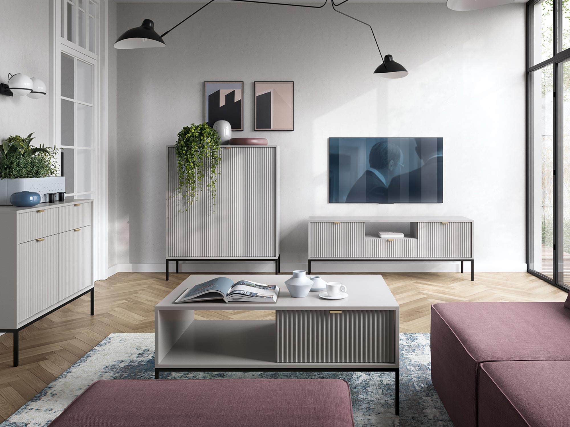 Ciemna szafka RTV z ryflowanym frontem w salonie w stylu nowoczesnym