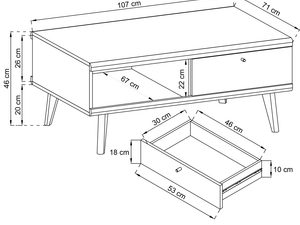 Miniaturka 4 - Rysunek techniczny stolika kawowego z szufladą i półką