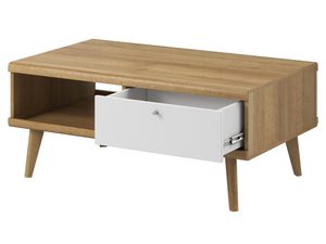 Miniaturka 1 - Dębowy stolik kawowy z szufladą i białym frontem, styl skandynawski