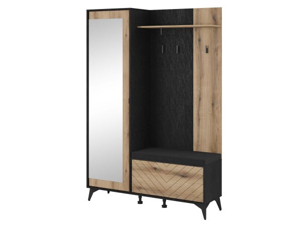 Garderoba z lustrem i siedziskiem w dekorze dębu i czarnym korpusie
