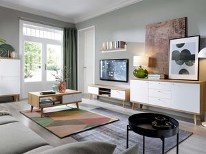 Miniaturka 1 - Meble RTV z białymi frontami i drewnem w nowoczesnej aranżacji