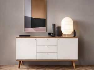 Miniaturka 1 - Biała komoda z trzema szufladami i drewnianymi nogami, styl skandynawski