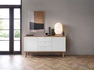 Miniaturka 2 - Komoda RTV z białymi frontami i drewnianym korpusem, styl minimalistyczny