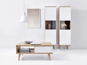 Miniaturka 1 - Zestaw mebli RTV z białymi frontami i drewnianą ramą, styl skandynawski